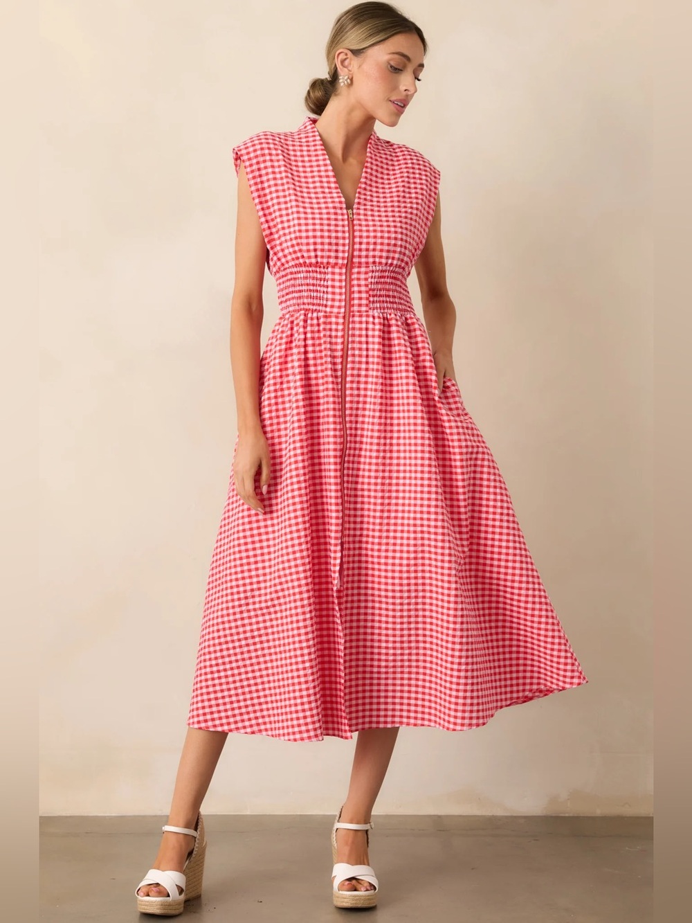 Entro Women’s Medium Evette Red Gingham Zip-Front Smocked Midi Dress NWT